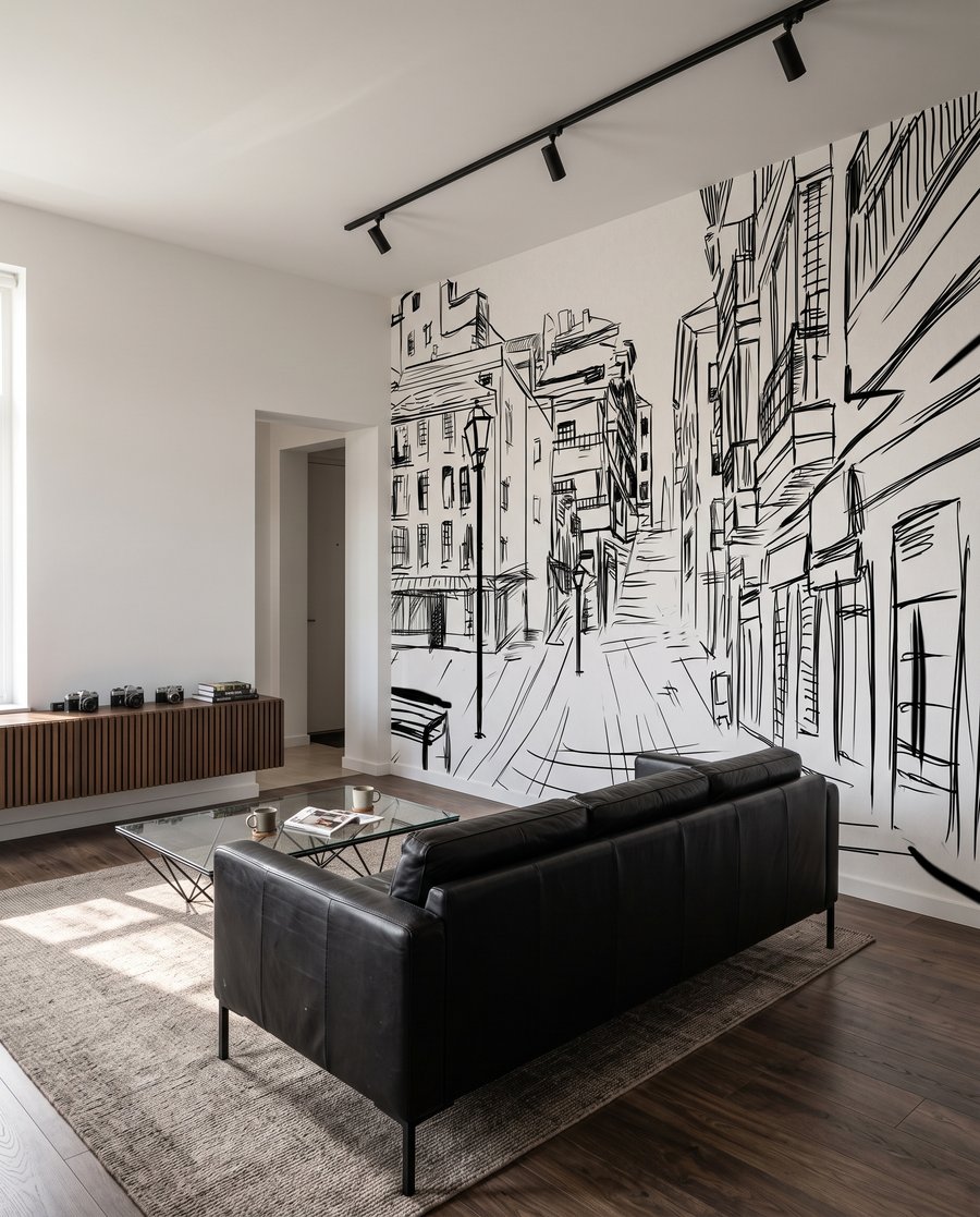Een straat in schetslijnen in een interieur