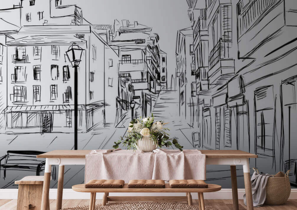 Tekening van een straat met gebouwen in een interieur