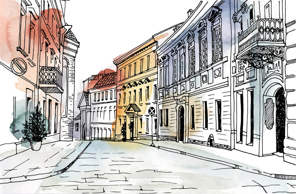 Tekening van een straat met gebouwen — volledig ontwerp