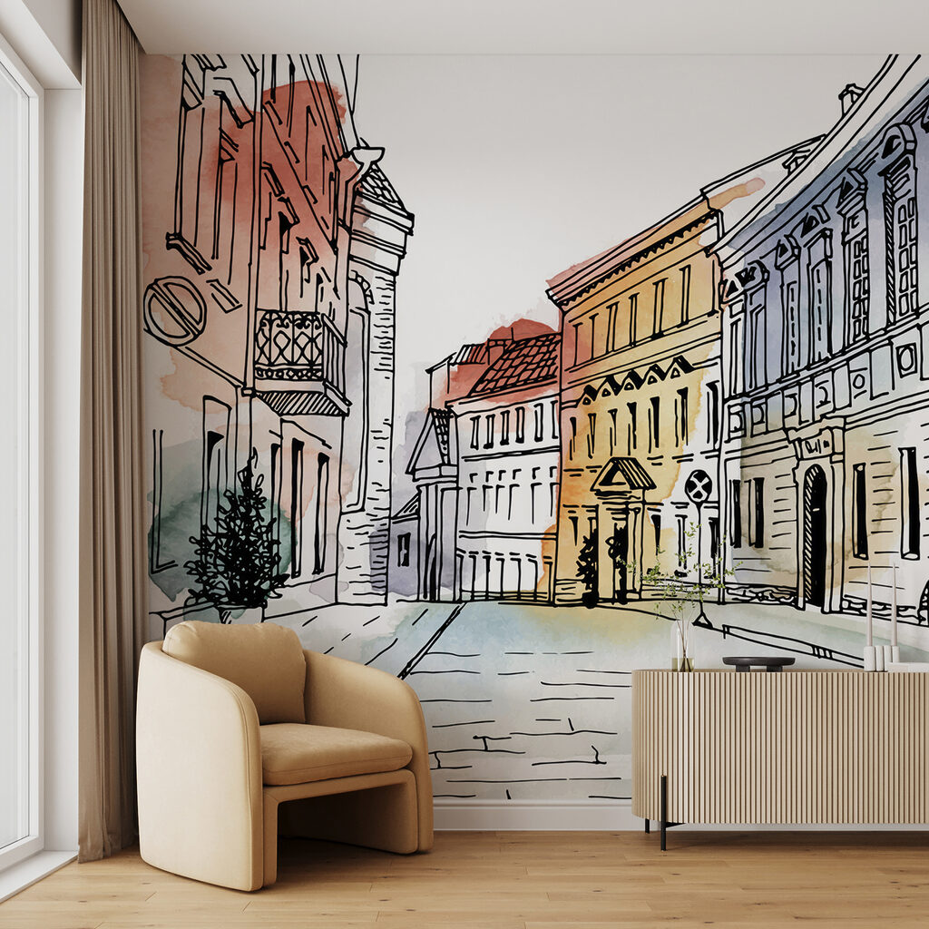 Tekening van een straat met gebouwen — interieur 2