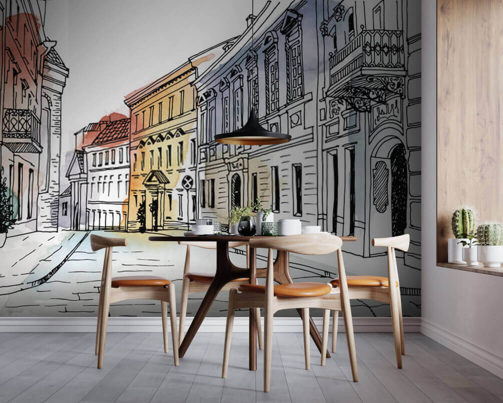 Tekening van een straat met gebouwen — interieur 1