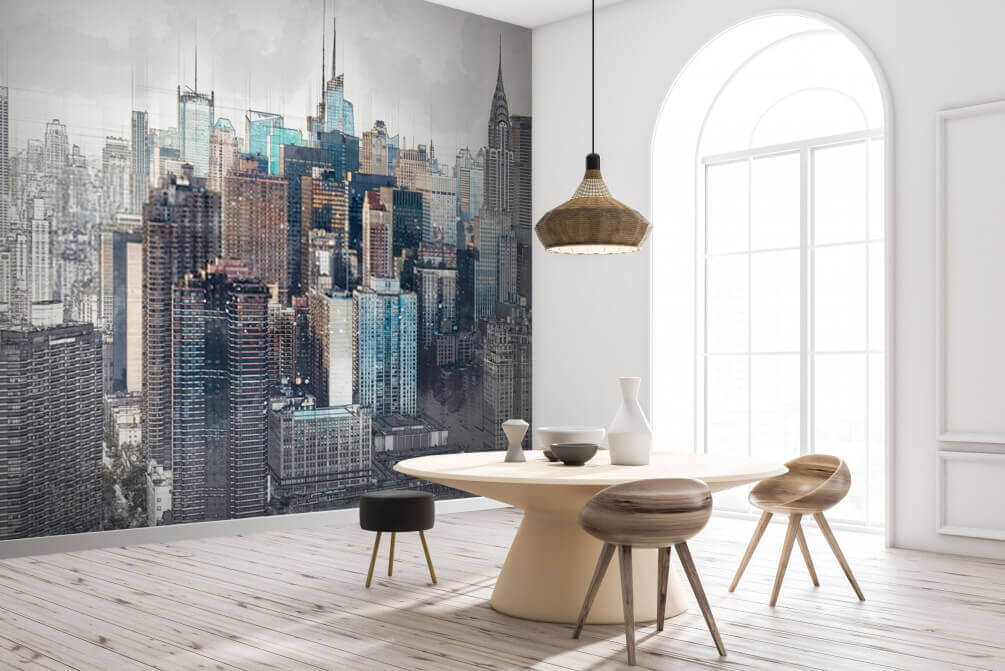 Skyline van de stad met veel hoge gebouwen in een interieur