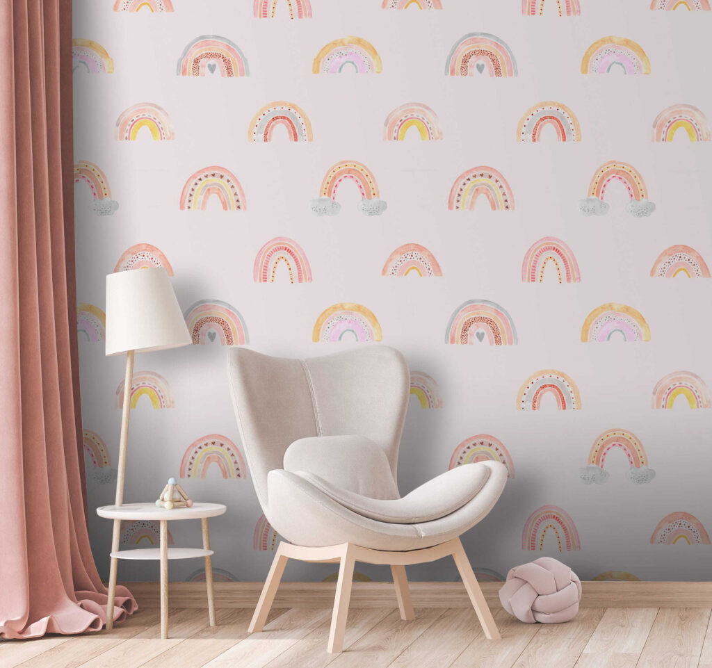 Patroon van regenbogen op een witte achtergrond in een interieur