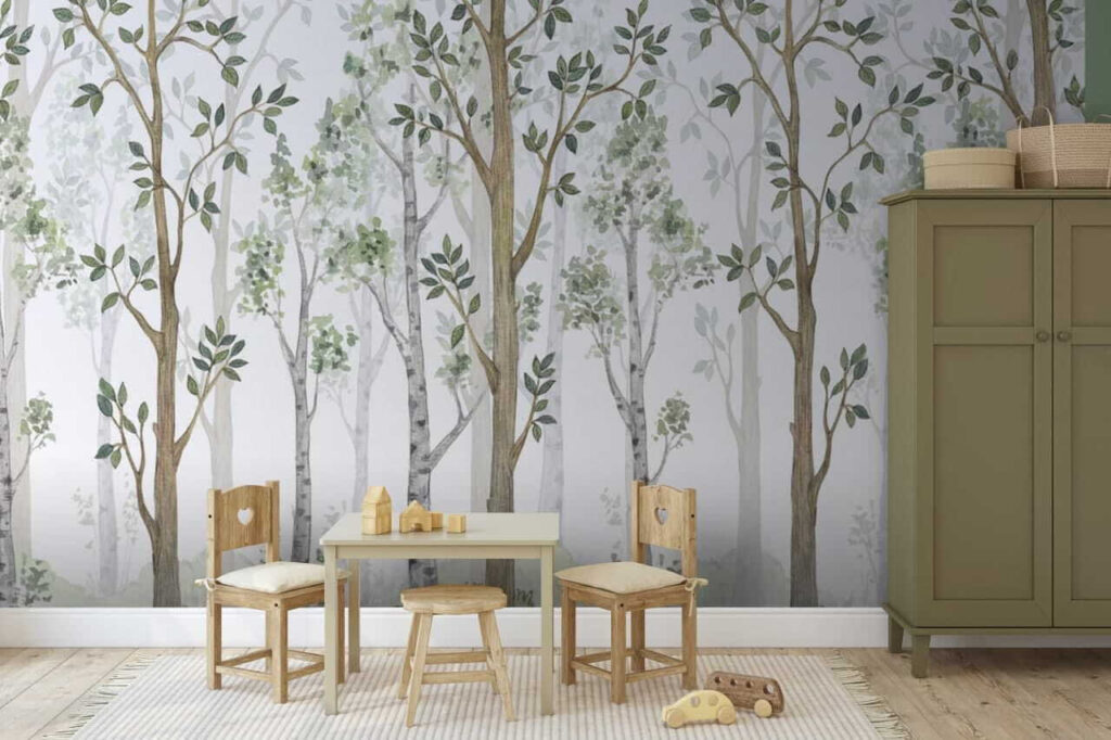 Aquarel van bomen en gras — interieur 1