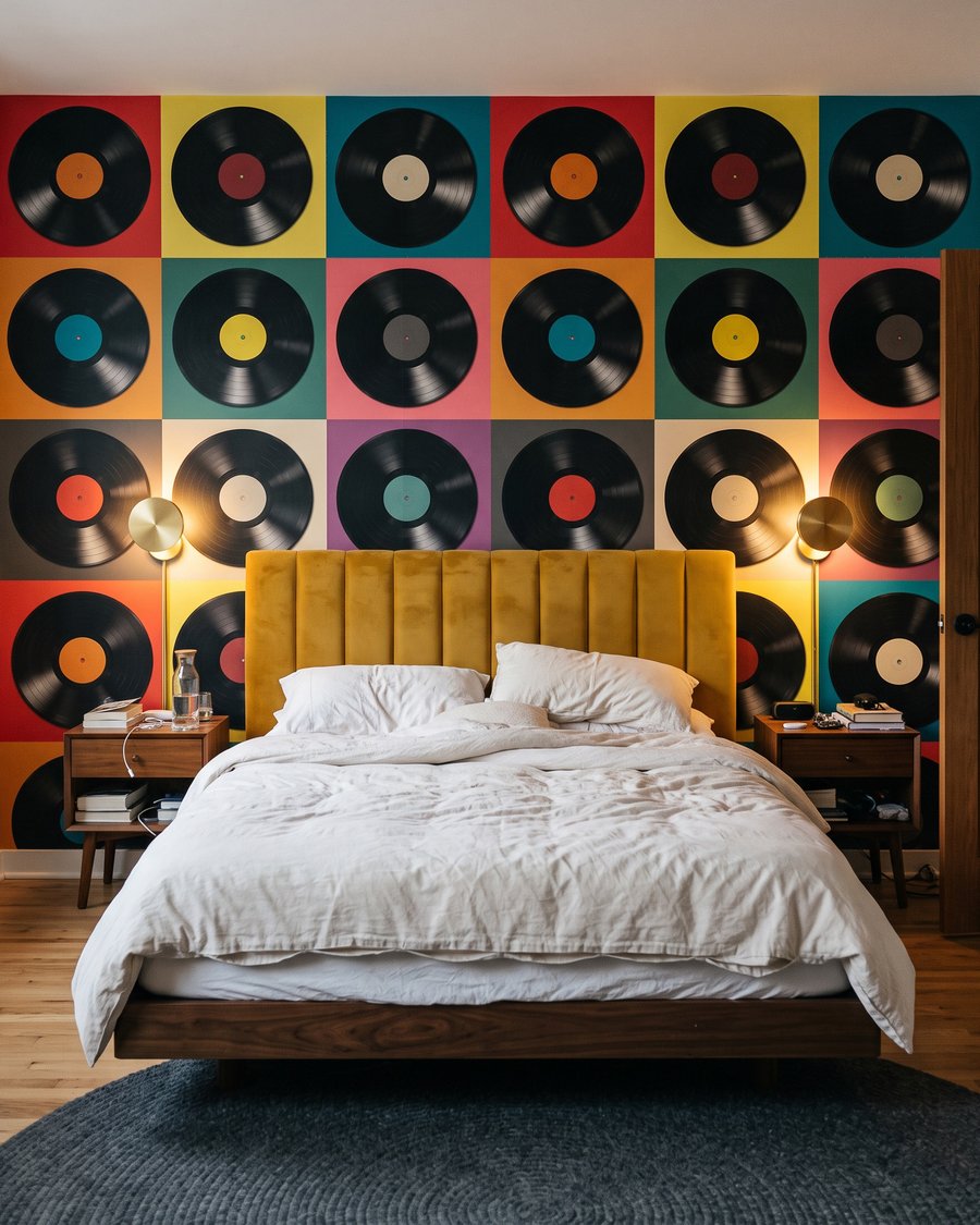 Patroon van zwarte vinylplaten in een interieur