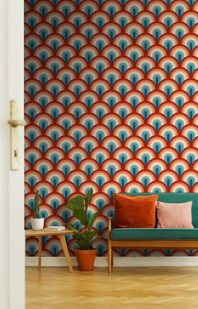 Patroon van rode en blauwe cirkels in een interieur
