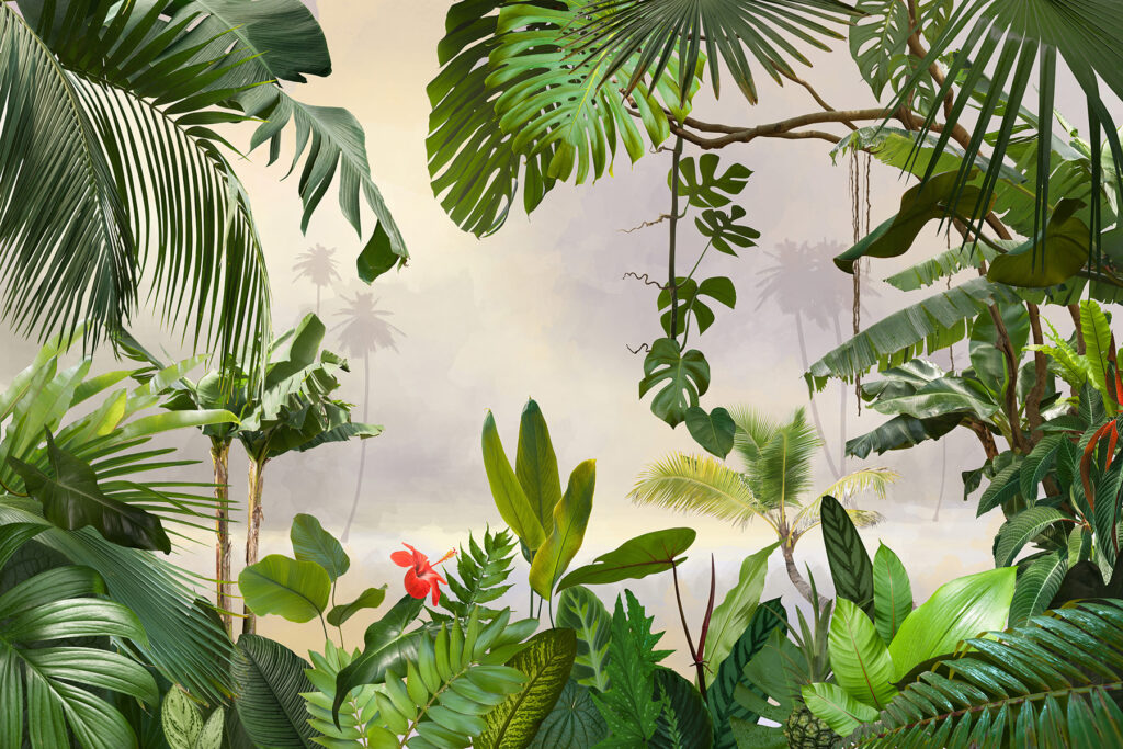 Junglebladeren rond bleke verte — volledig ontwerp