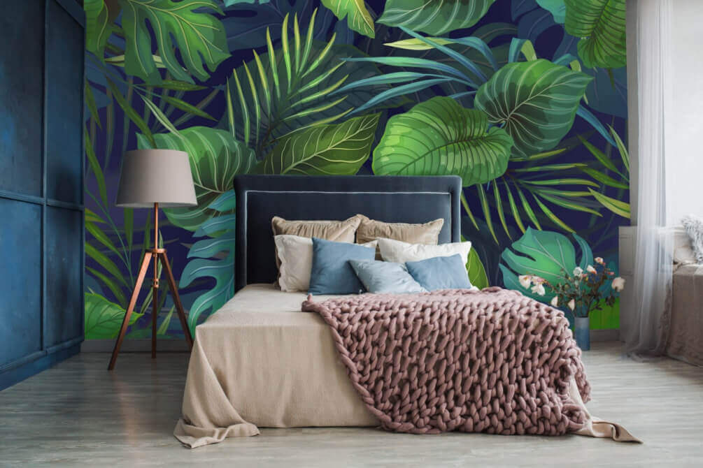 Tropenbladeren op diepblauw — interieur 2