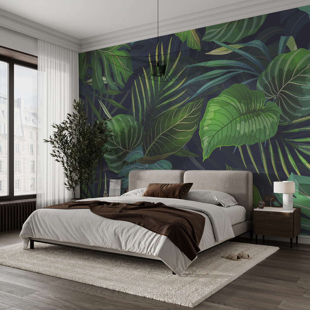 Tropenbladeren op diepblauw — interieur 4