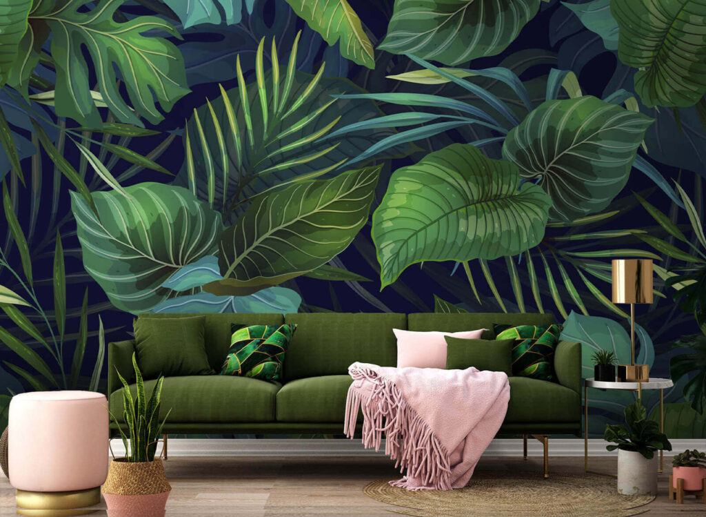 Tropenbladeren op diepblauw — interieur 1
