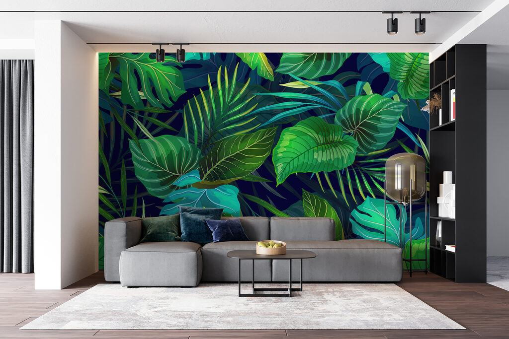 Tropenbladeren op diepblauw — interieur 3