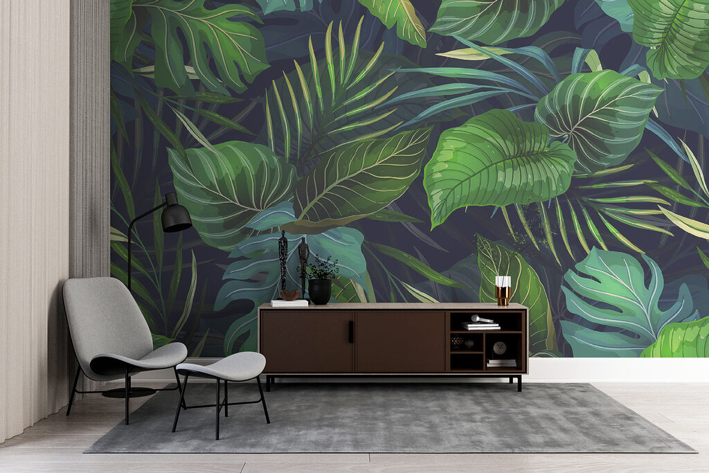 Tropenbladeren op diepblauw — interieur 5