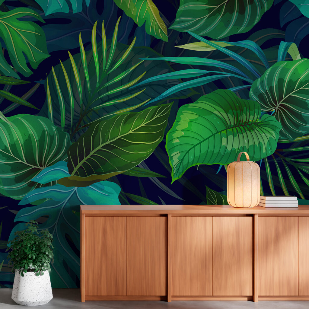 Tropenbladeren op diepblauw — interieur 6