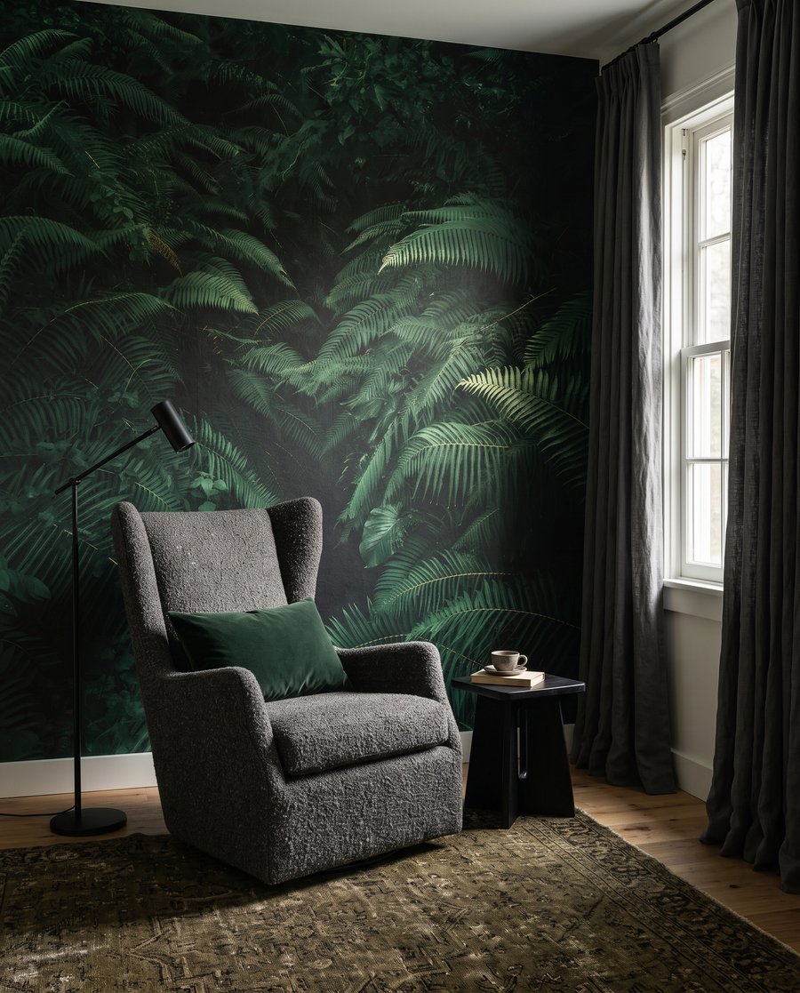 Diep tussen groene varens in een interieur