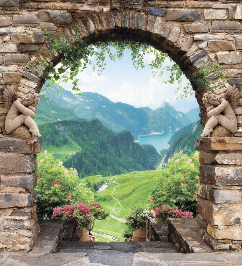 Een bergdal achter steenbogen — volledig ontwerp