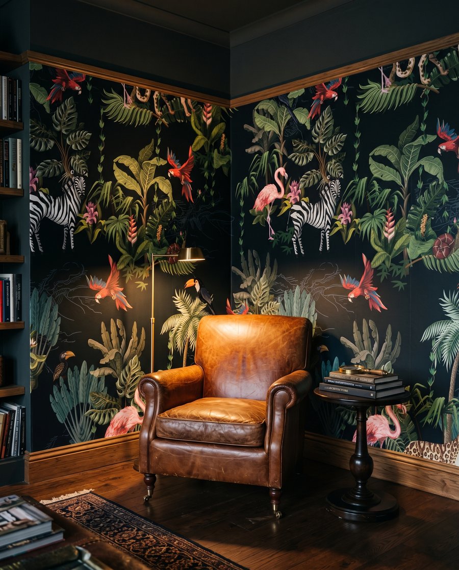 Flamingo's in een nachttuin in een interieur