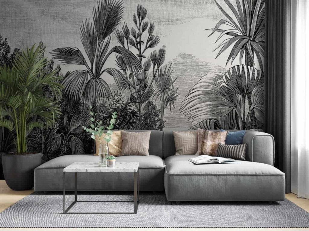 Tropentuin in grijze landschapsprent — interieur 1