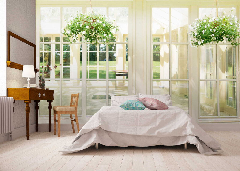 Witte patiodeur met glazen ramen en een potplant ervoor in een interieur