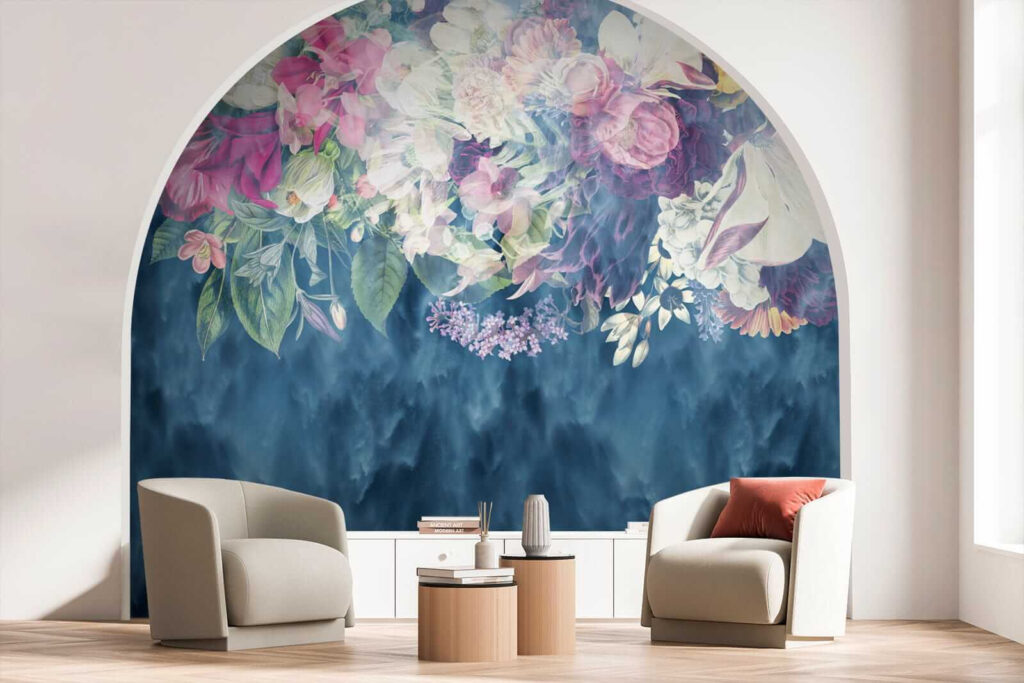 Bloemen boven diepblauwe verfstreken — interieur 7