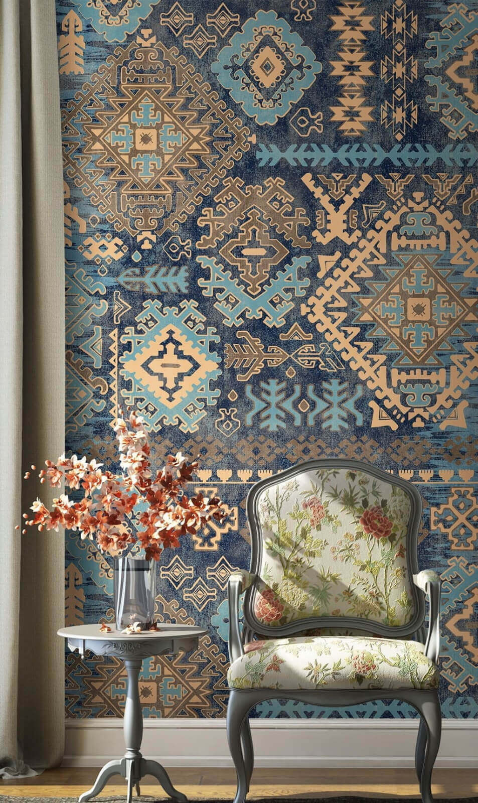 Ruitornamenten, diepblauw en oranje — interieur 2