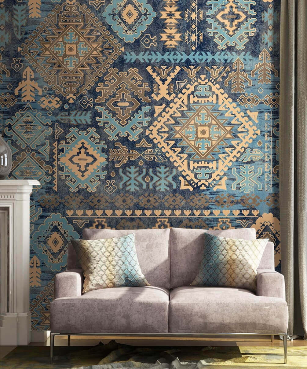 Ruitornamenten, diepblauw en oranje — interieur 1