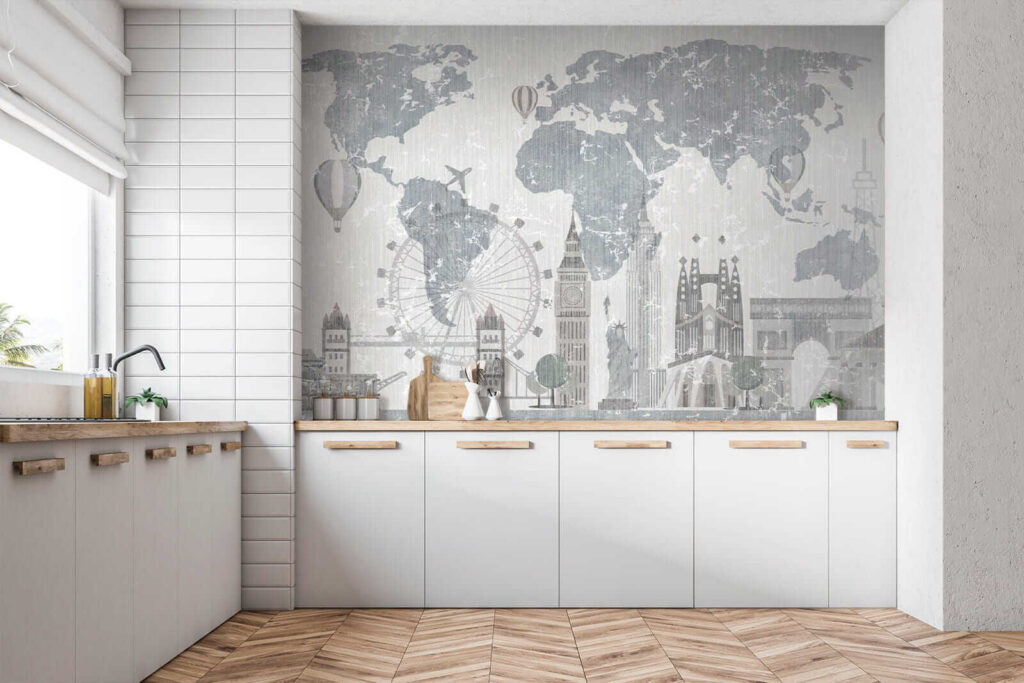 Wereldkaart boven getekende bezienswaardigheden — interieur 5