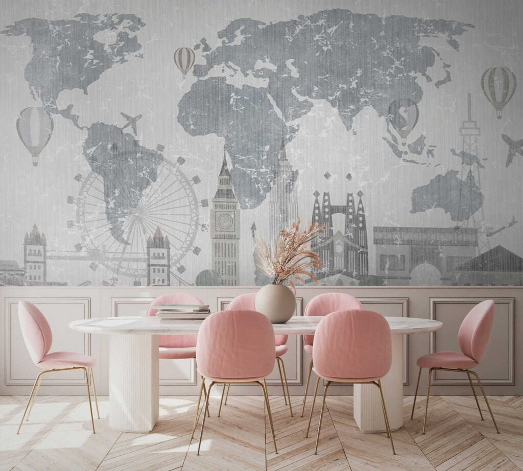 Wereldkaart boven getekende bezienswaardigheden — interieur 6