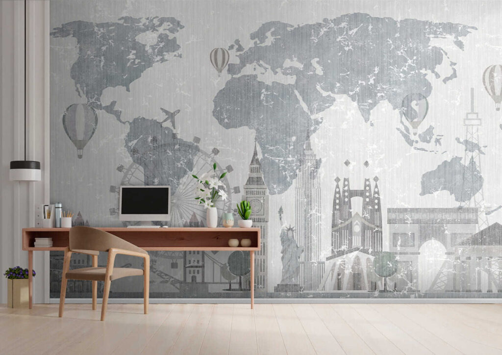 Wereldkaart boven getekende bezienswaardigheden — interieur 8