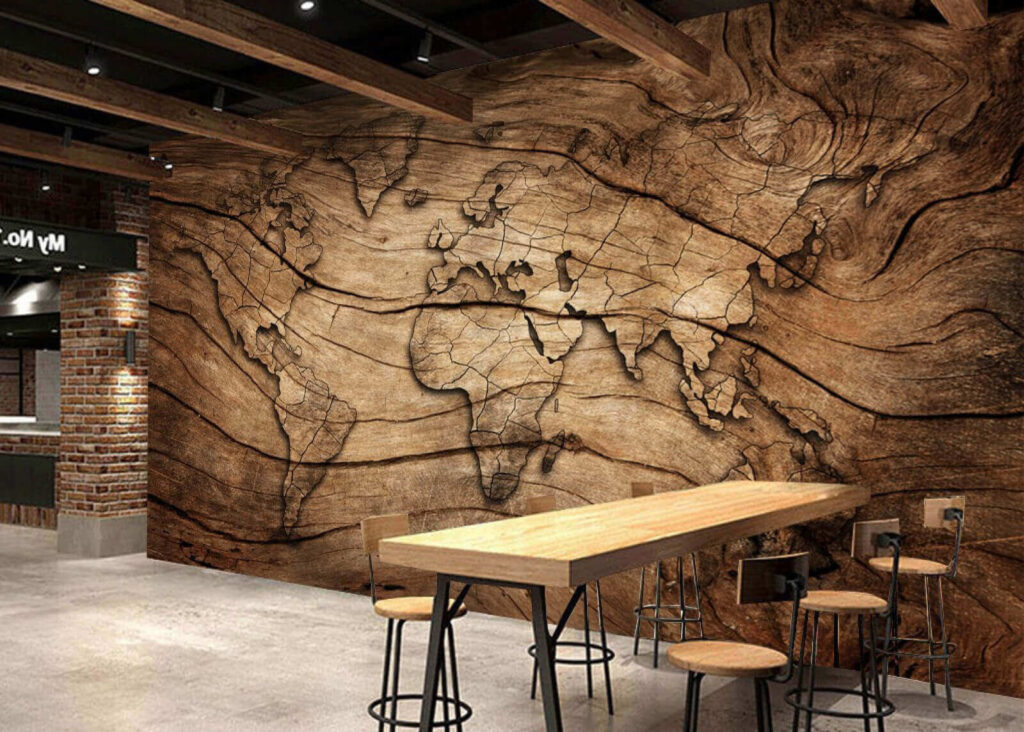 Kaart van de wereld op een stuk hout in een interieur