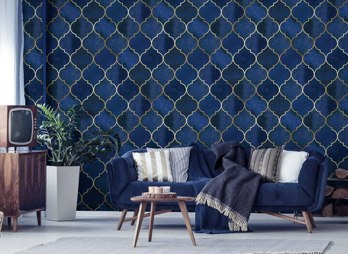 Fijne goudruitjes op diepblauw — interieur 1