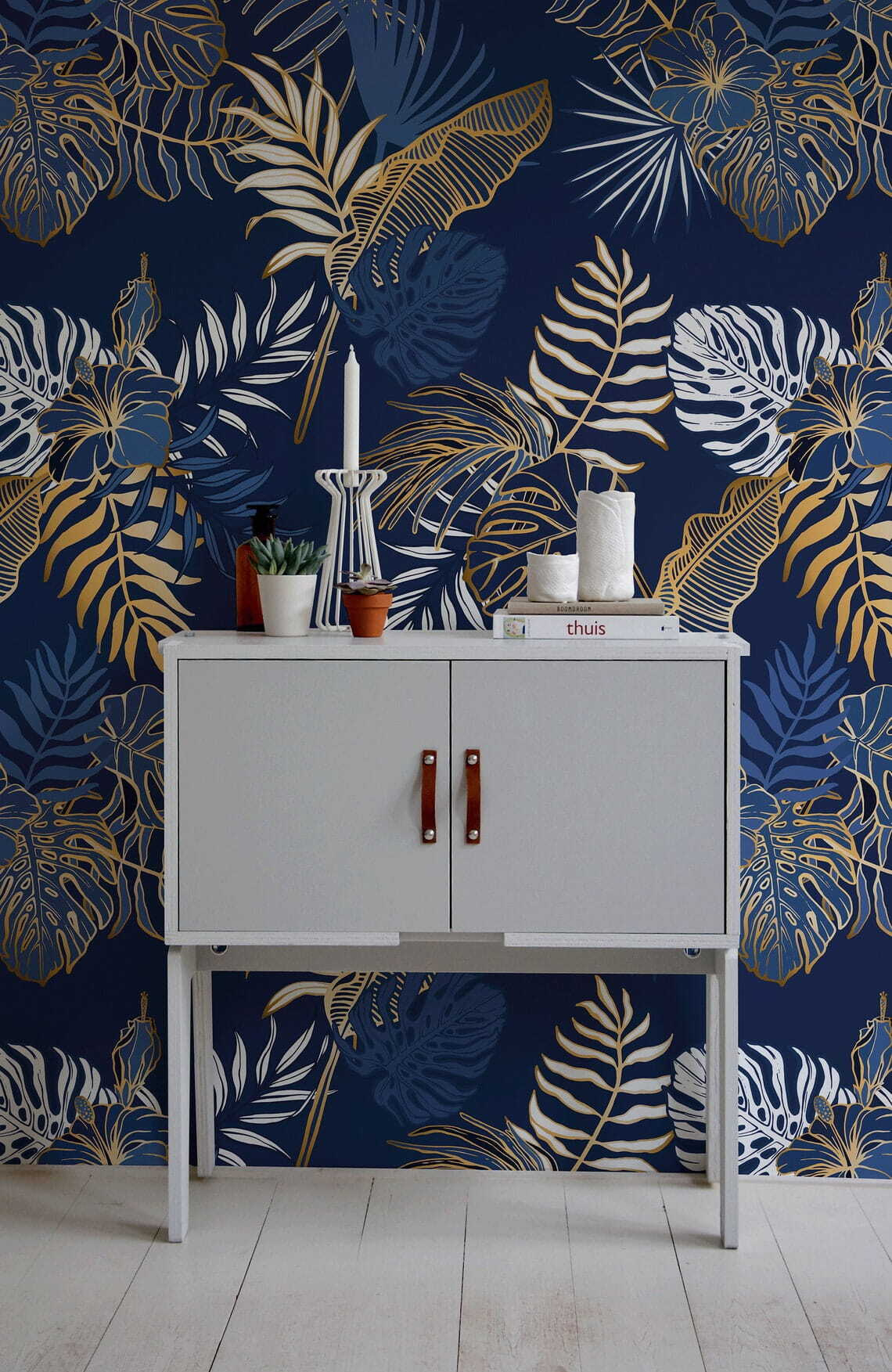 Bladerenpatroon op blauwe achtergrond — interieur 5