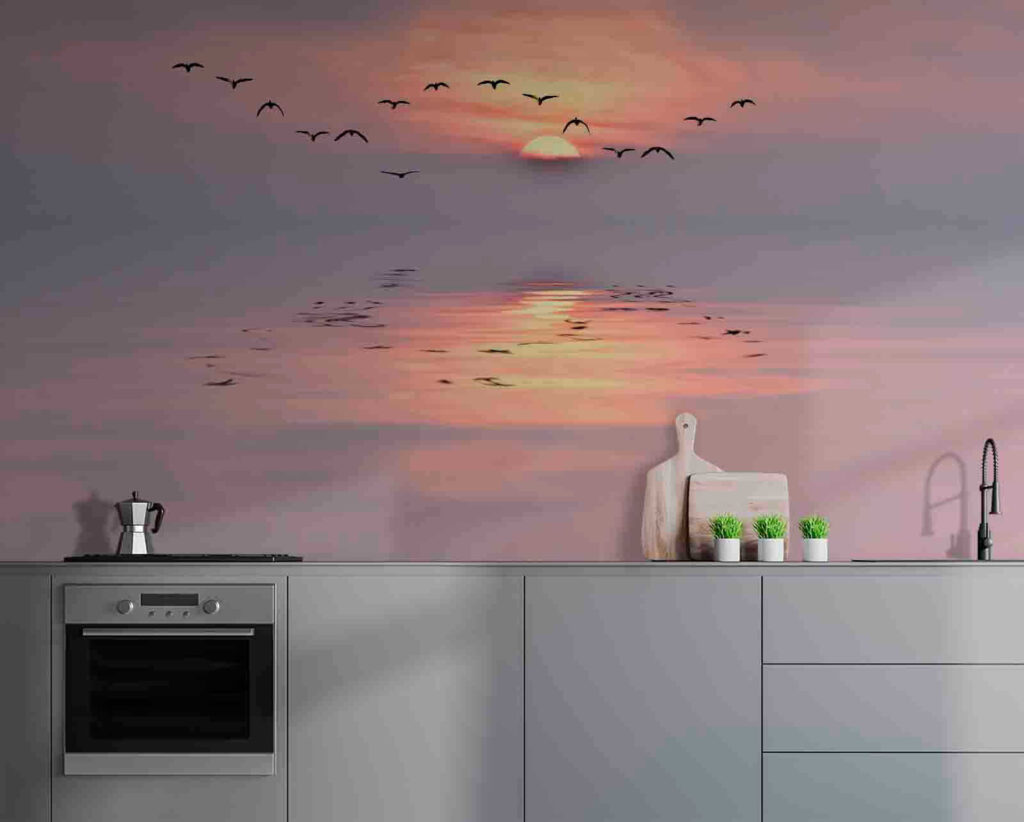 Vogels boven roze avondspiegeling — interieur 2