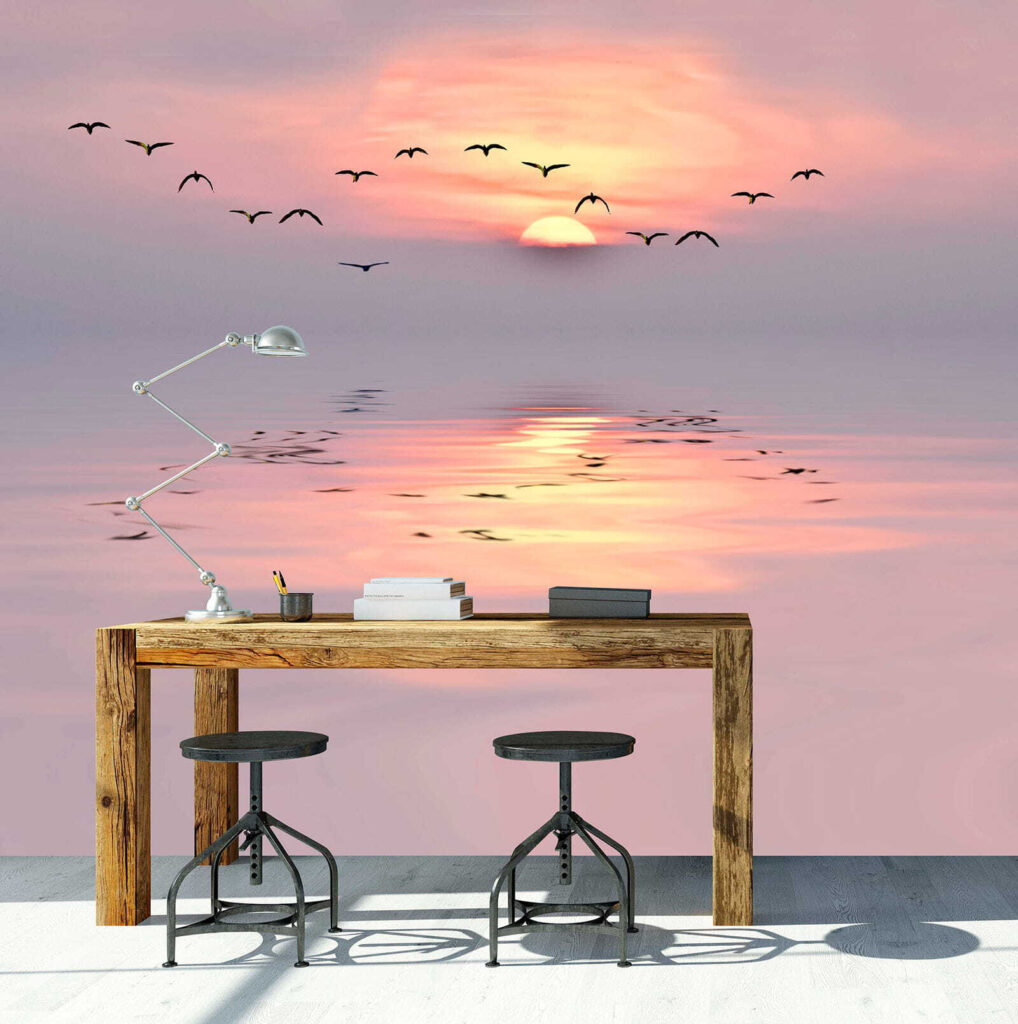 Vogels boven roze avondspiegeling — interieur 1