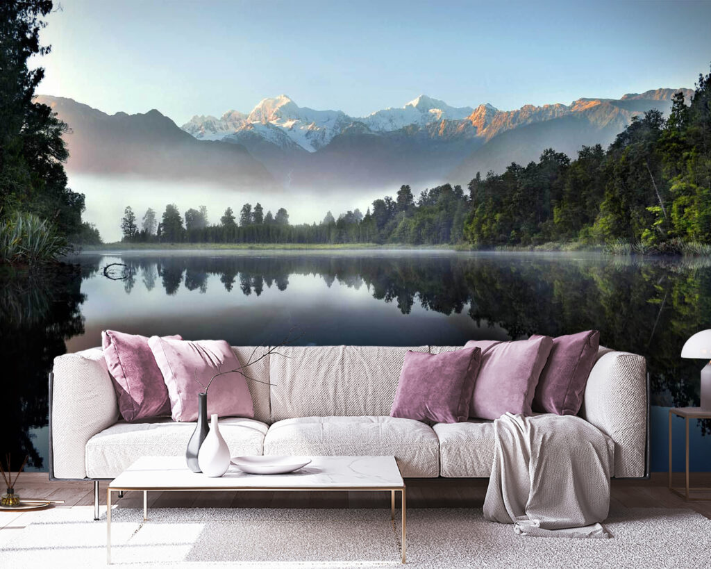 Bergen spiegelen in bosmeer — interieur 3
