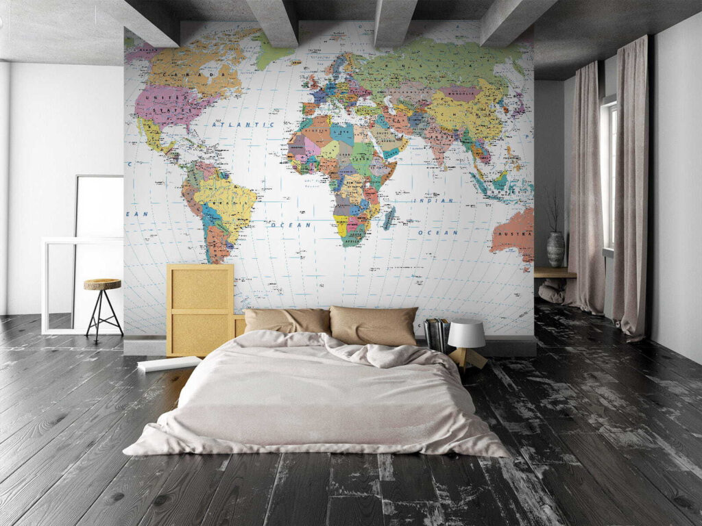 Wereldkaart met gebogen breedtelijnen — interieur 1