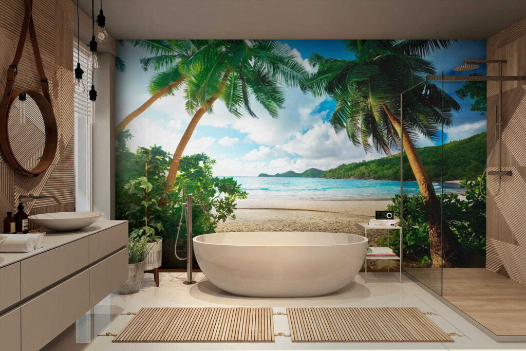 Strand met palmbomen en blauw water in een interieur