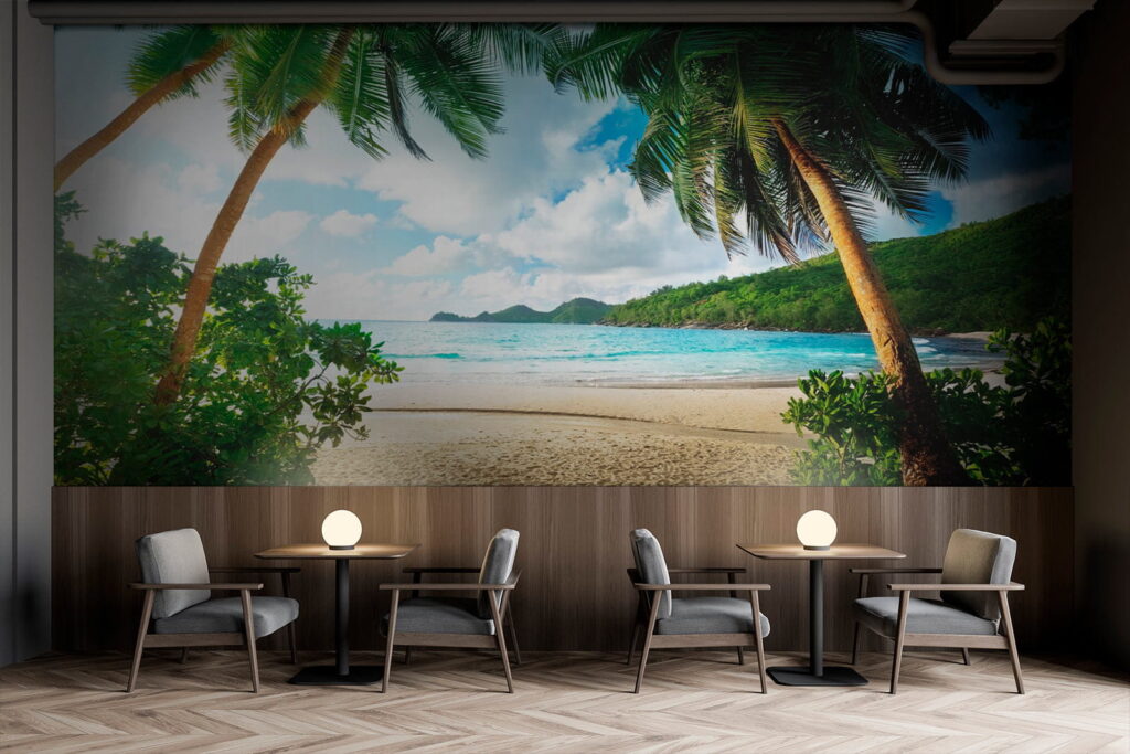 Strand met palmbomen en blauw water — interieur 10
