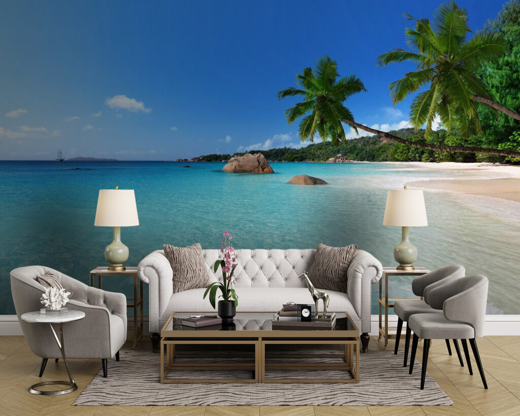 Strand met palmbomen en blauw water — interieur 1