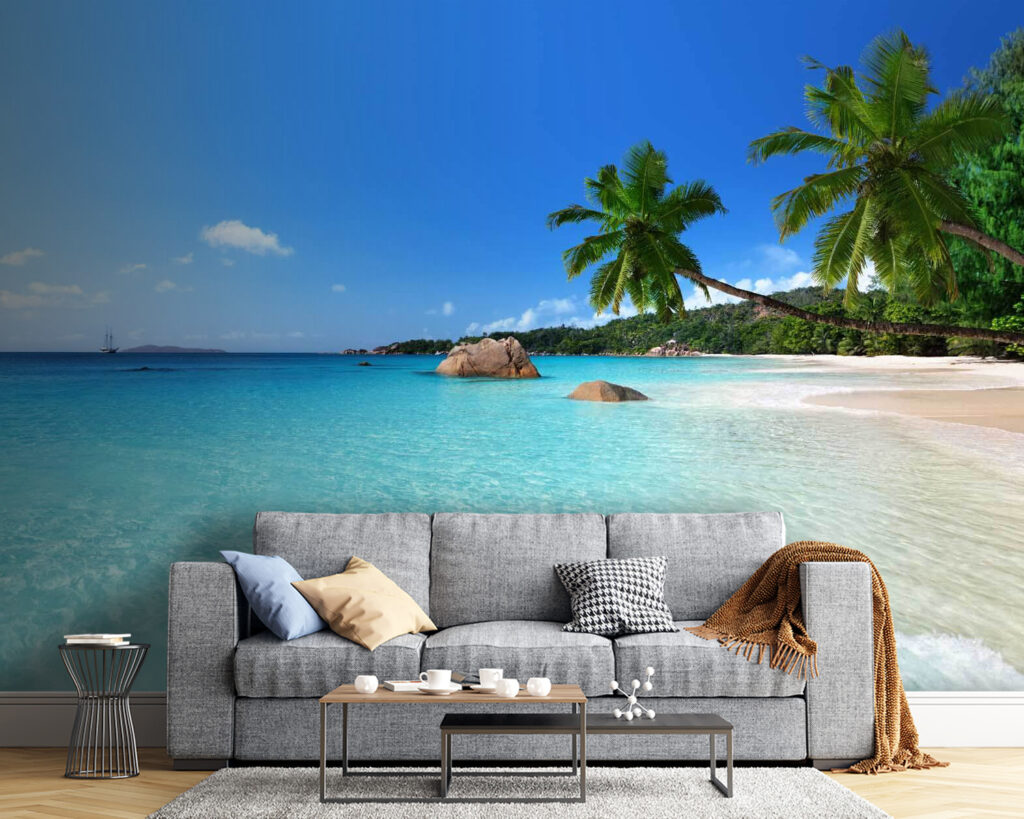 Strand met palmbomen en blauw water — interieur 3
