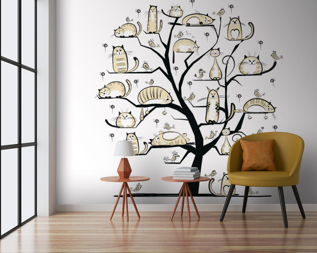 Boom met katten erop in een interieur