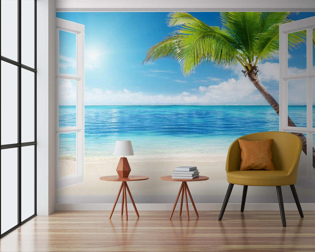 Strandpalm door open raam — interieur 3