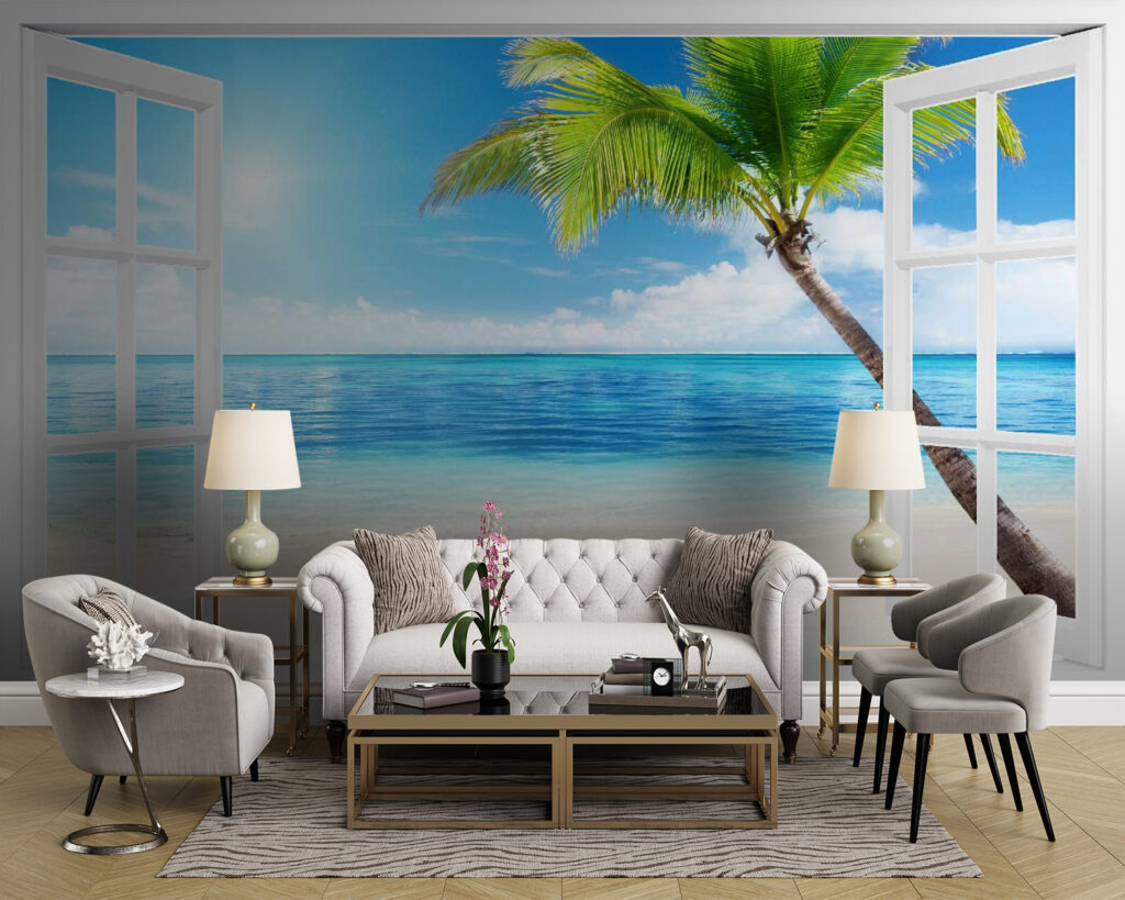 Strandpalm door open raam — interieur 1
