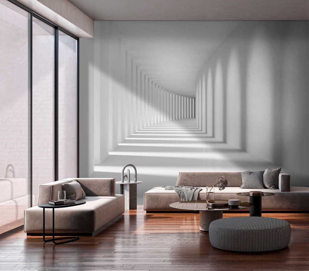 Witte kamer met zuilen en licht in een interieur