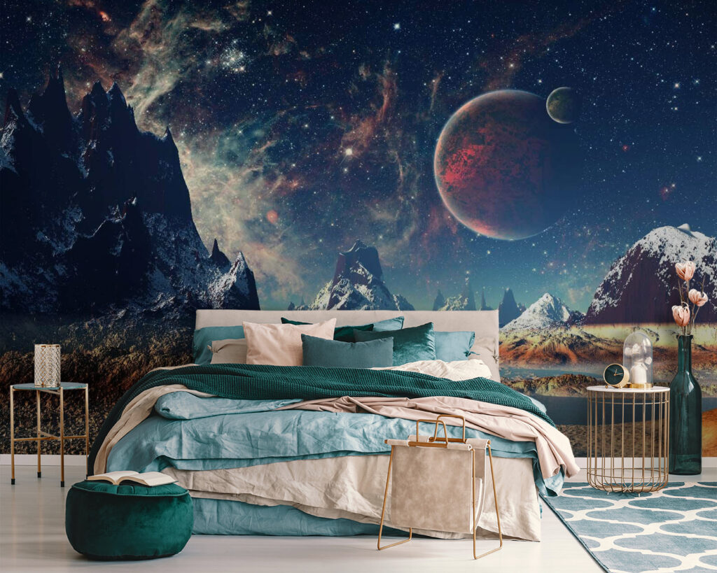 Landschap van bergen en water met planeten en sterren — interieur 2