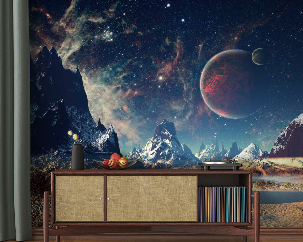 Landschap van bergen en water met planeten en sterren — interieur 3