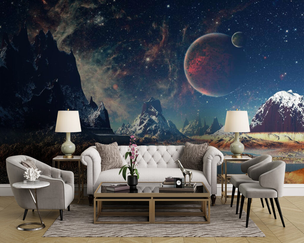Landschap van bergen en water met planeten en sterren — interieur 4
