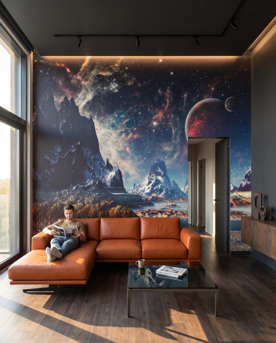 Planeten boven een bergwereld in een interieur