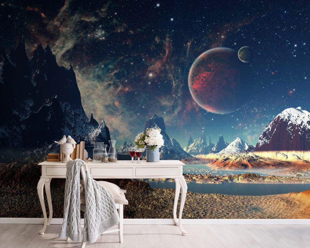 Landschap van bergen en water met planeten en sterren in een interieur