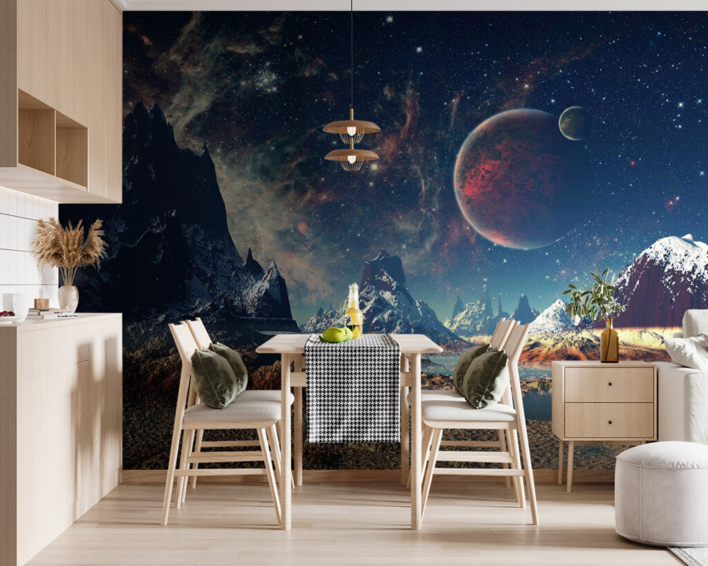 Landschap van bergen en water met planeten en sterren — interieur 5