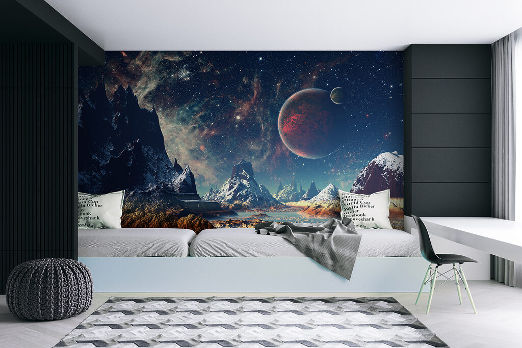 Landschap van bergen en water met planeten en sterren — interieur 6